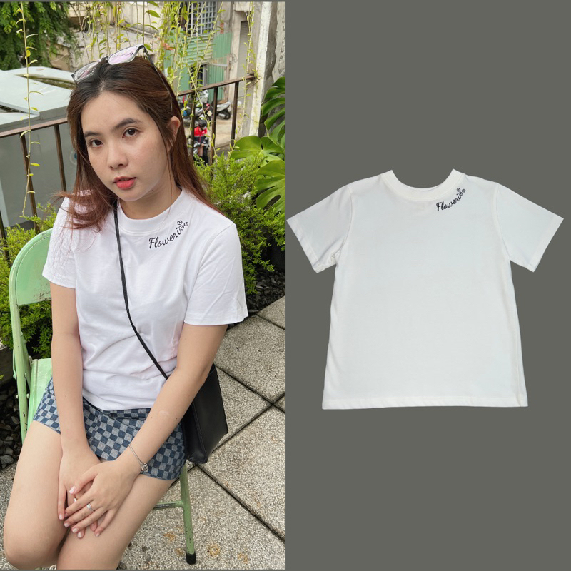 F01 Áo thun Baby Tee FLOWERI cotton, basic, freesize thêu hình xinh xắn dễ thương