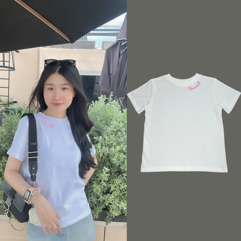 F01 Áo thun Baby Tee FLOWERI cotton, basic, freesize thêu hình xinh xắn dễ thương