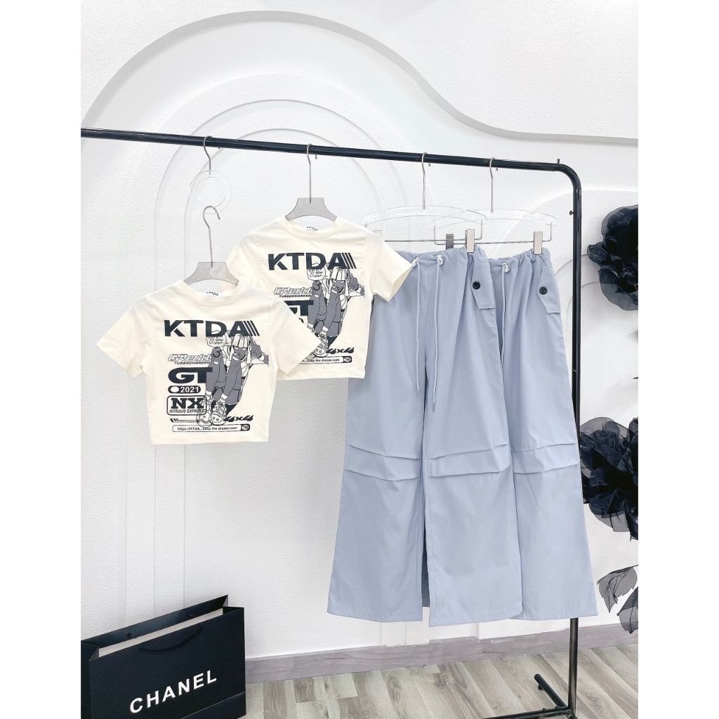 SET ÁO CROPTOP KEM IN HÌNH + QUẦN XÁM TÚI HỘP SUÔNG