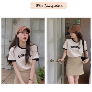 Áo baby tee nữ cổ tròn tay ngắn Epresso Áo thun nữ vải cotton phối viền tay Nhã Dung Store