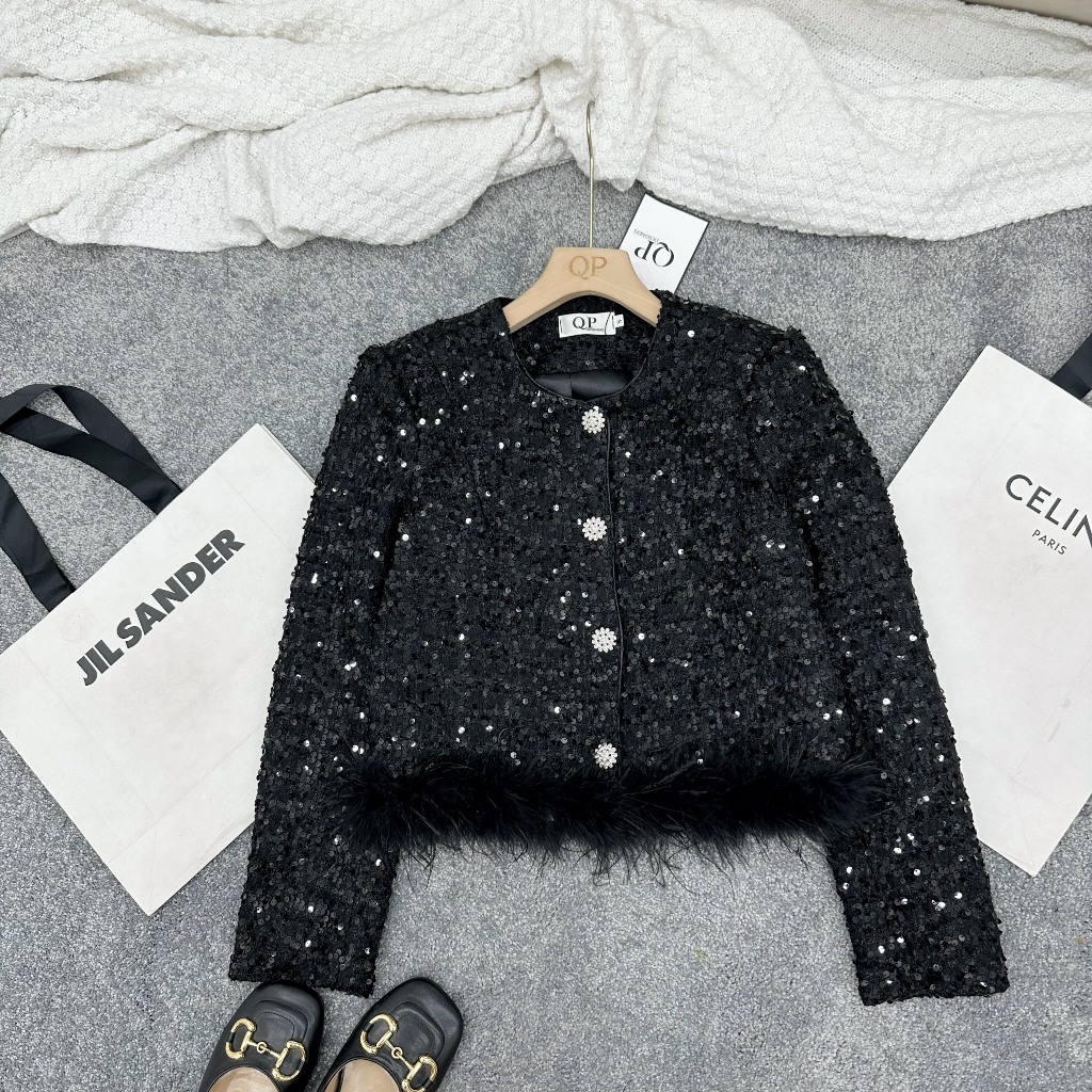 Áo Dạ Bling Bling Lông Khuy Đá sang chảnh