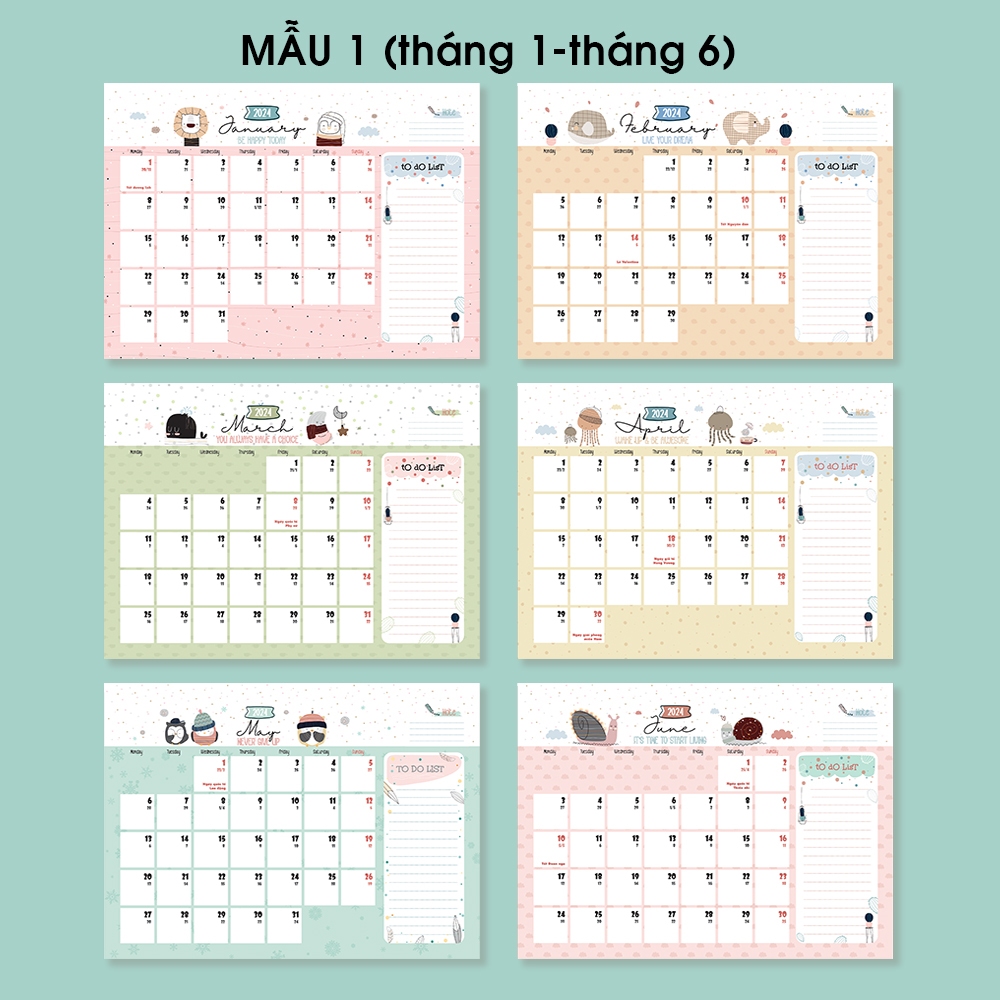 Lịch để bàn ÂM DƯƠNG 2024, ghi chú ngày lễ Việt Nam, lịch bàn 2024,tone màu pastel dễ thương