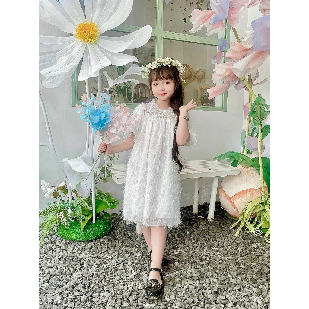 Váy trắng cho bé gái BABYSTORE88 - đầm ren công chúa 2 lớp trẻ em hàng thiết kế 1 2 3 4 5 6 7 8 tuổi V75