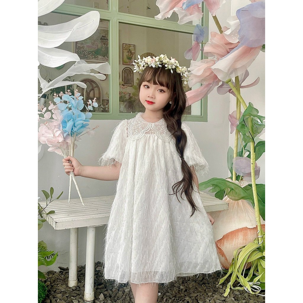 Váy trắng cho bé gái BABYSTORE88 - đầm ren công chúa 2 lớp trẻ em hàng thiết kế 1 2 3 4 5 6 7 8 tuổi V75
