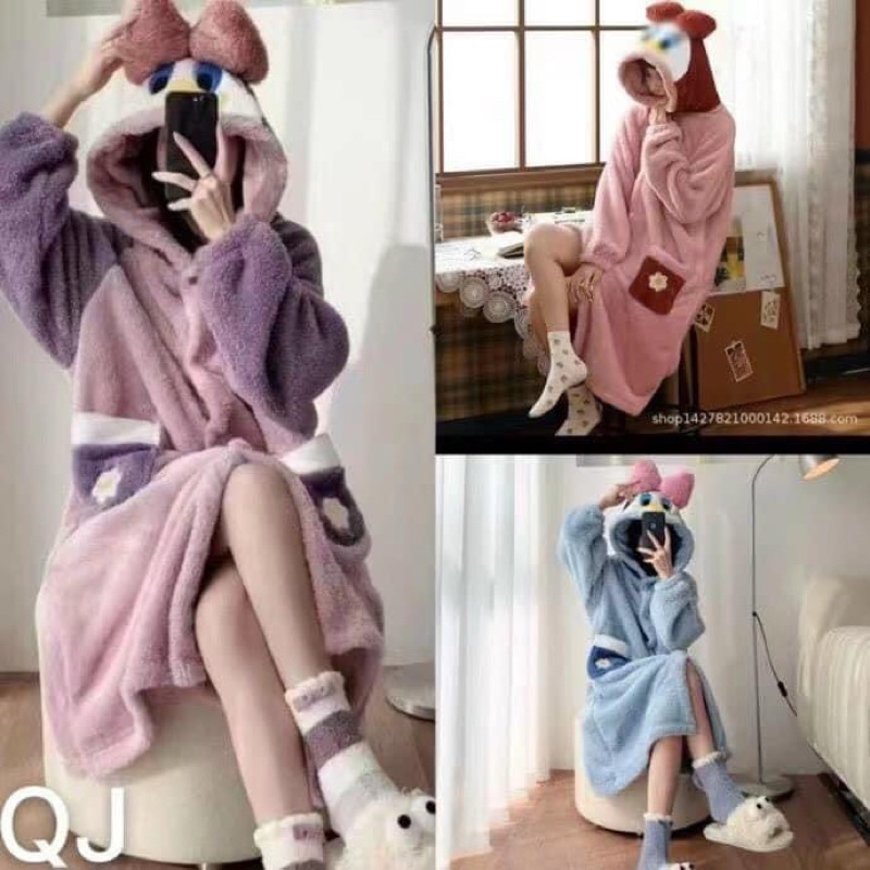 Bộ ngủ áo choàng lông ấm mùa đông korea