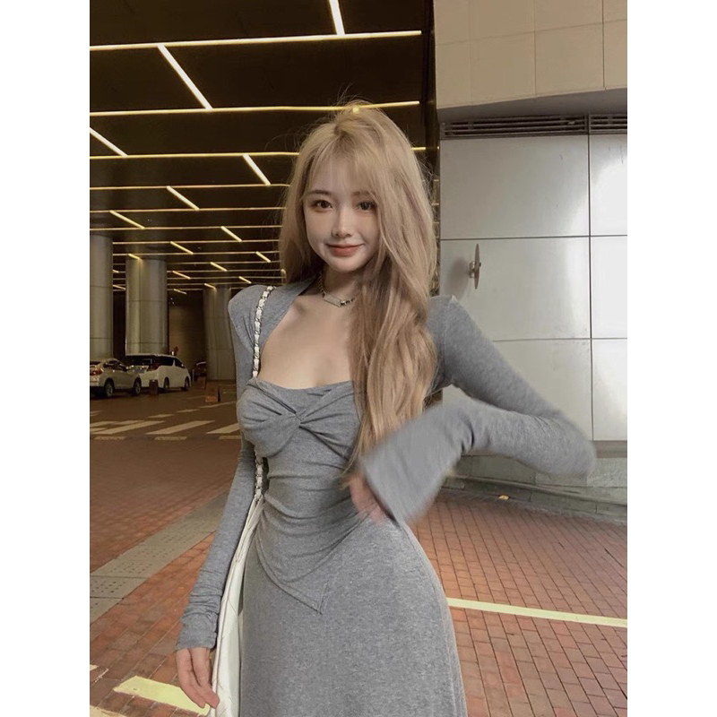 Set 3 món áo xoắn vạt nhọn chân váy đuôi cá kèm khoác