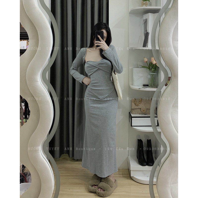 Set 3 món áo xoắn vạt nhọn chân váy đuôi cá kèm khoác