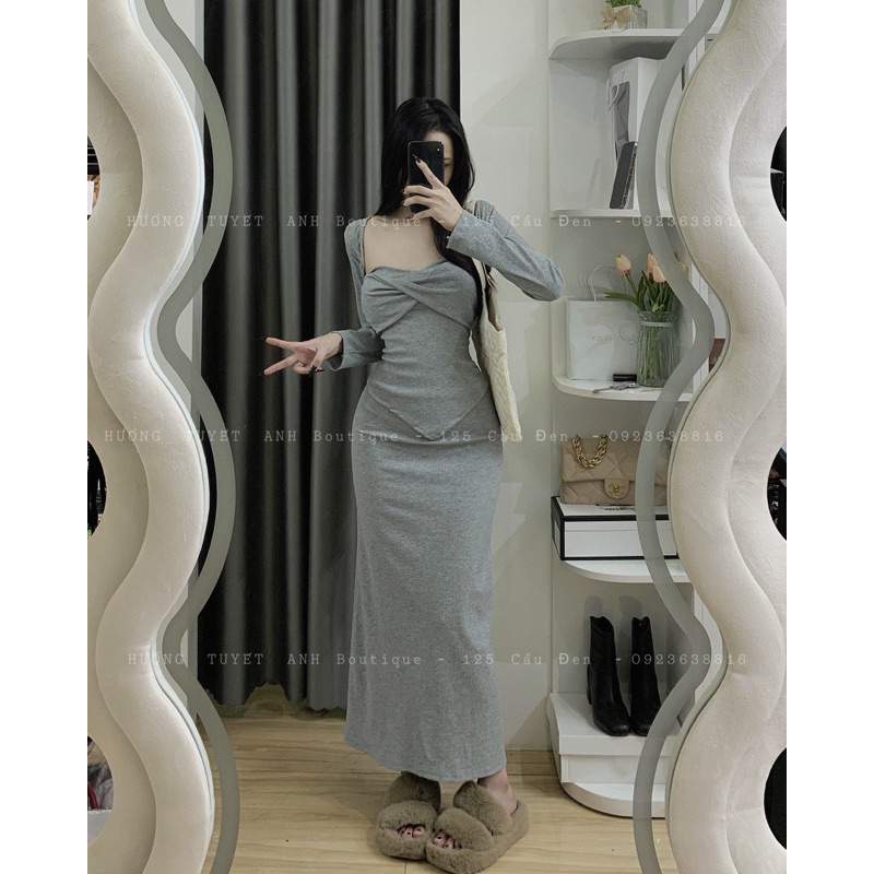 Set 3 món áo xoắn vạt nhọn chân váy đuôi cá kèm khoác