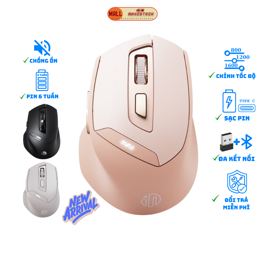 [Mã ELCL12 giảm 9% đơn 300K] Chuột bluetooth không dây Maxcotech DR8 sạc pin, 3 chế độ kết nối, chống ồn độ nhạy 1600DPI