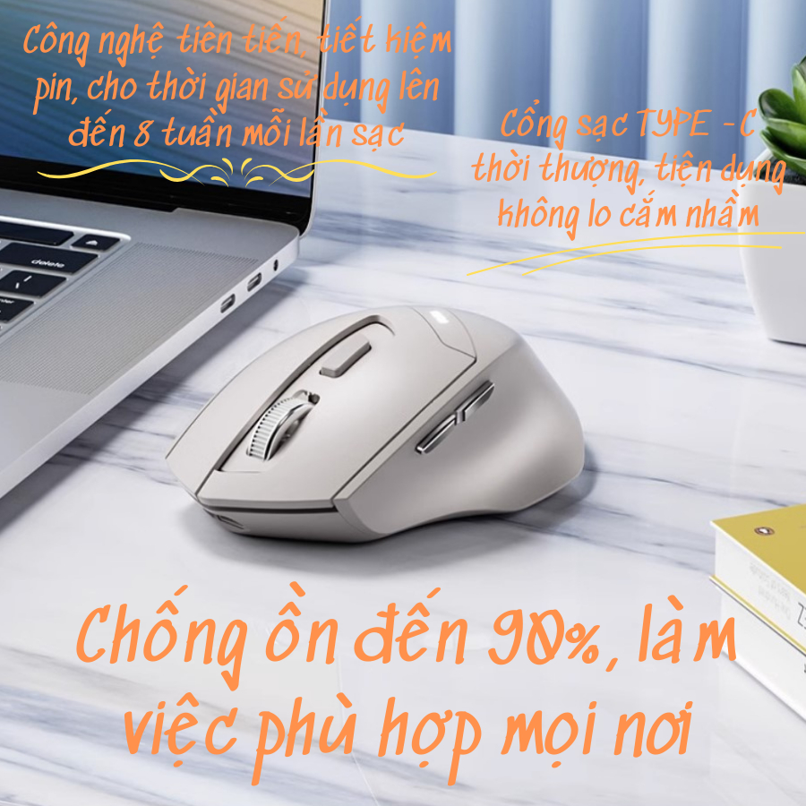 Chuột máy tính không dây bluetooth Maxcotech DR6 sạc pin chống ồn hiển thị mức pin 3 chế độ kết nối