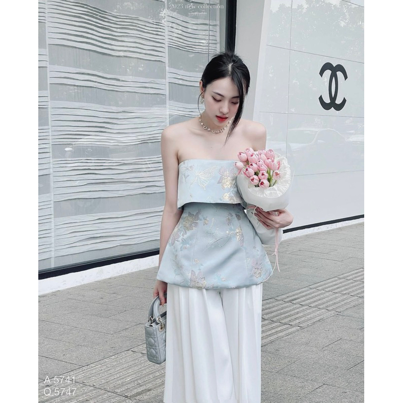 Áo peplum tafa hoa gấp ly ngực Edsel