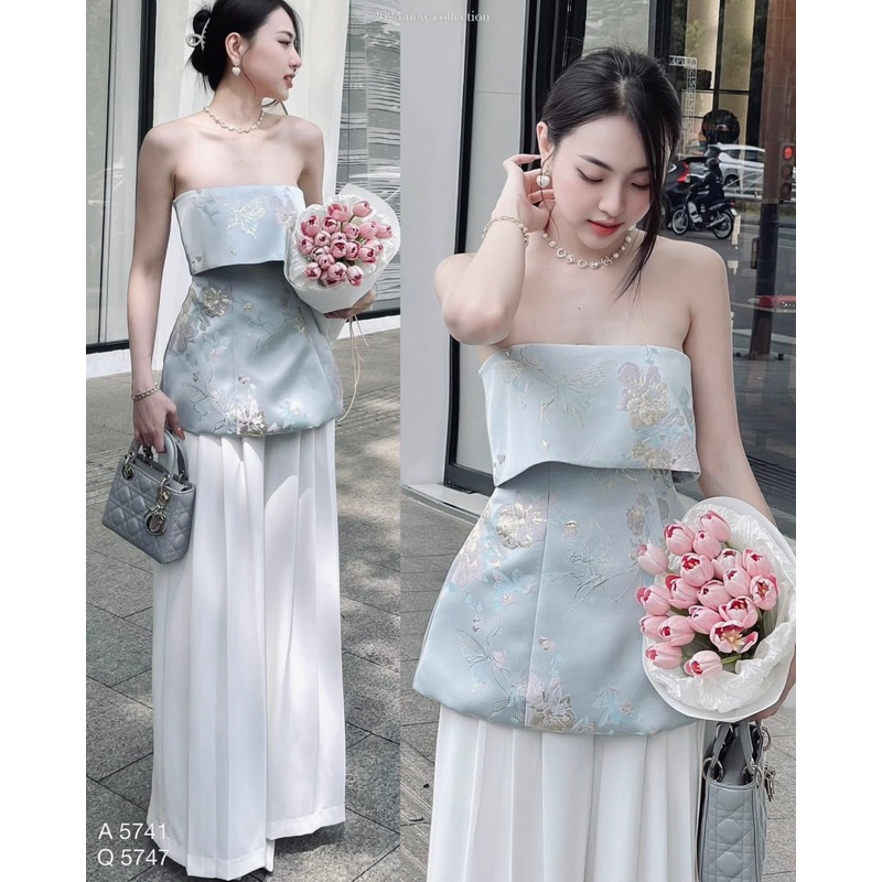 Áo peplum tafa hoa gấp ly ngực Edsel