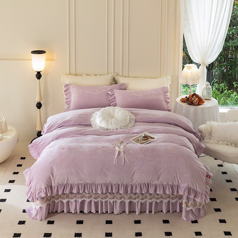 Set Chăn Ga Gối Nỉ Nhung Beo Ren Thêu Hoa Linh Lan “ ga Trần bông ” (Set 4 món )