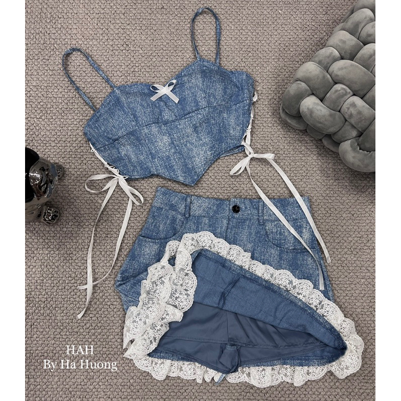 Set váy jean bò phối nơ viền ren