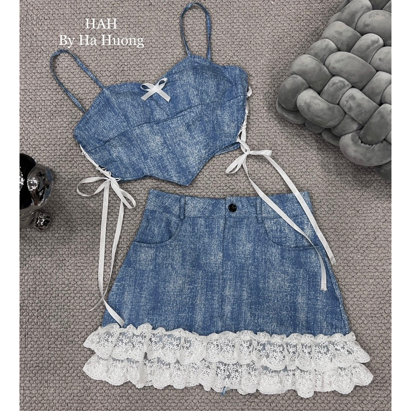 Set váy jean bò phối nơ viền ren