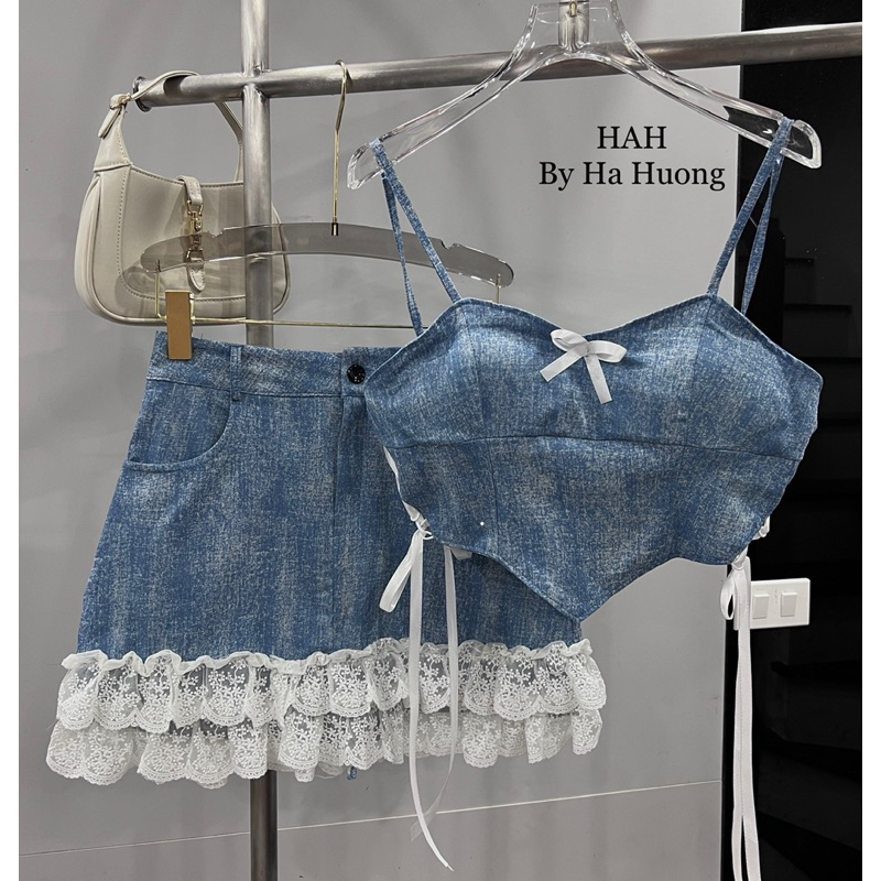 Set váy jean bò phối nơ viền ren