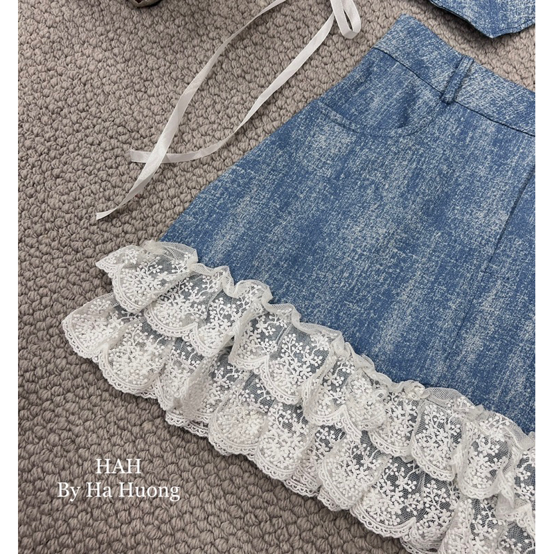 Set váy jean bò phối nơ viền ren