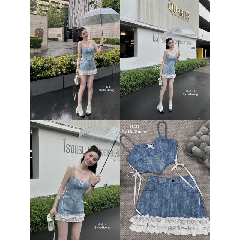 Set váy jean bò phối nơ viền ren
