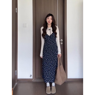 Set váy hoa nhí dáng dài mix áo trắng nàng thơ