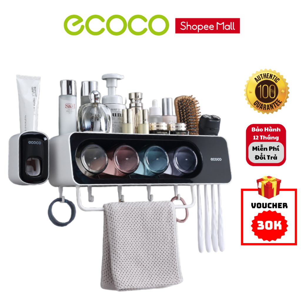 Bộ Nhả Kem Đánh Răng Tự Động ECOCO Có Thanh Treo Khăn, Kệ Để Đồ Phòng Tắm Gắn Tường Cao Cấp