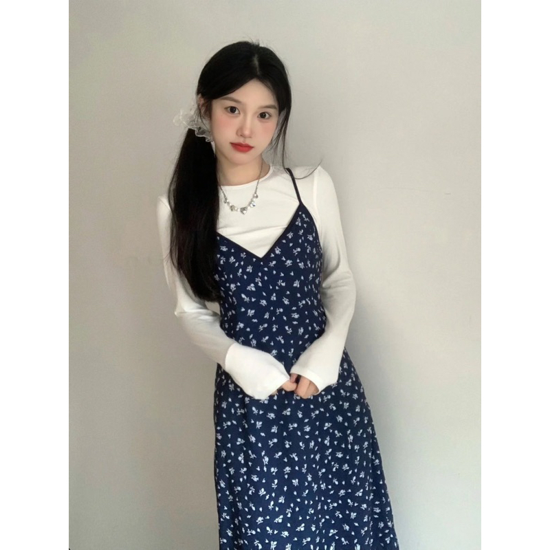 Set váy hoa nhí dáng dài mix áo trắng nàng thơ