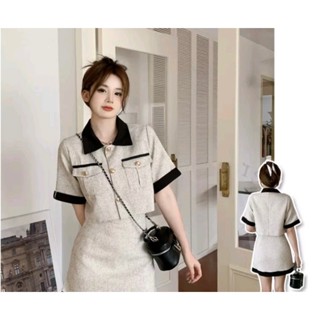Set bigsize nữ, áo croptop tay ngắn phối cổ viền đen mix chân váy chữ A ngắn cạp cao tôn dáng-S03