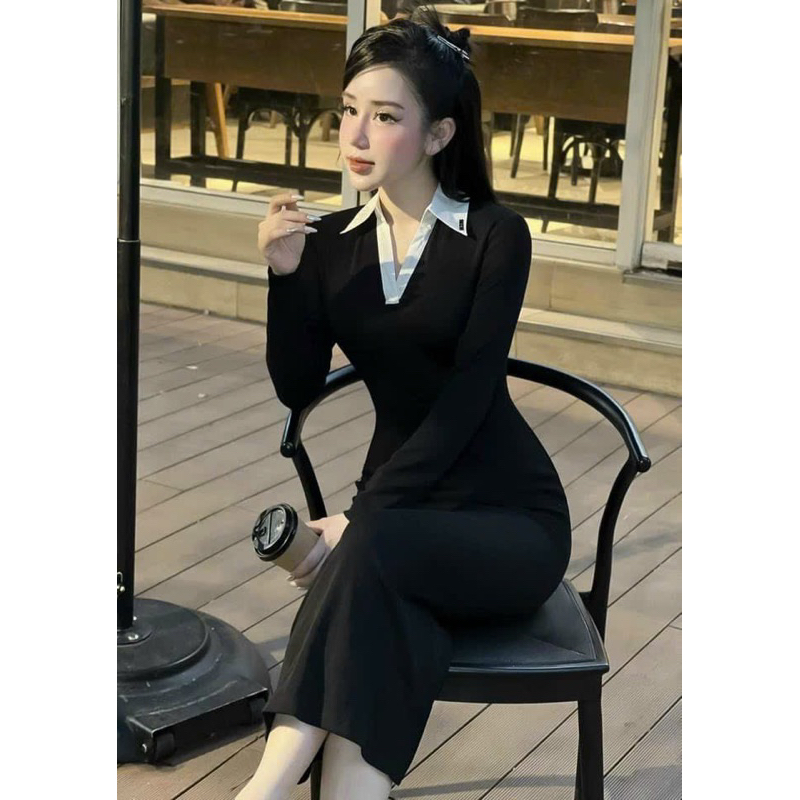 Đầm thời trang nữ mặc đi chơi chất thun gân ôm body tay dài phối trắng cổ sơ mi váy maxi dài qua gối một màu đen