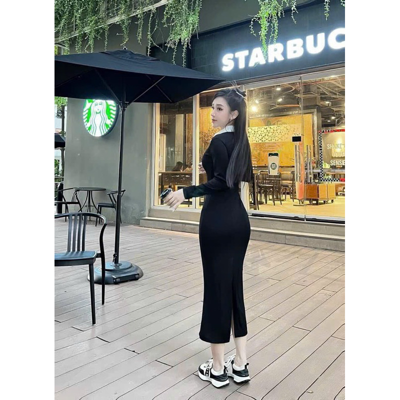 Đầm thời trang nữ mặc đi chơi chất thun gân ôm body tay dài phối trắng cổ sơ mi váy maxi dài qua gối một màu đen