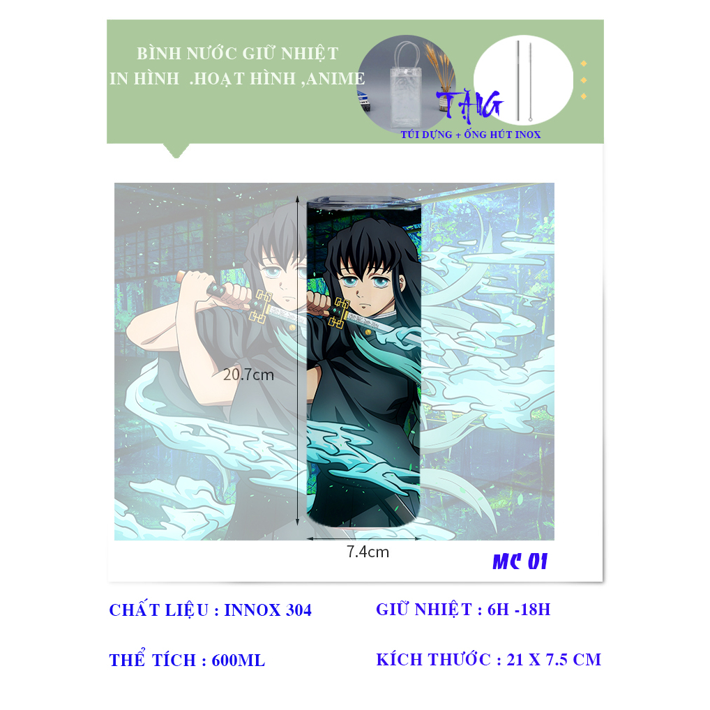 Bình giữ nhiệt in hình nhật vât - muichirou- kimetsu no yaiba - 600ml - Inox 304