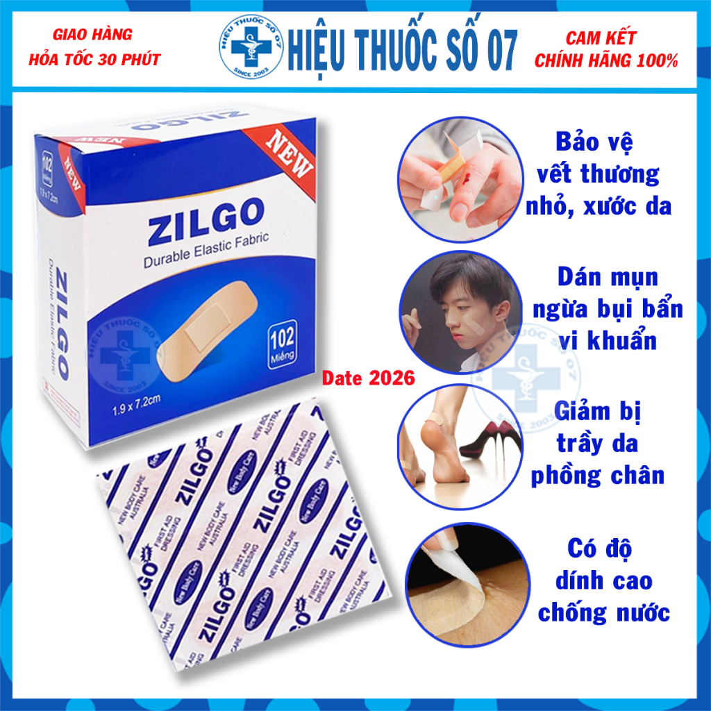Băng cá nhân Zilgo - Băng gâu, băng y tế sơ cứu vết thương, cầm máu hiệu quả size nhỏ/lớn - Hộp 30/102 miếng - Date 2026