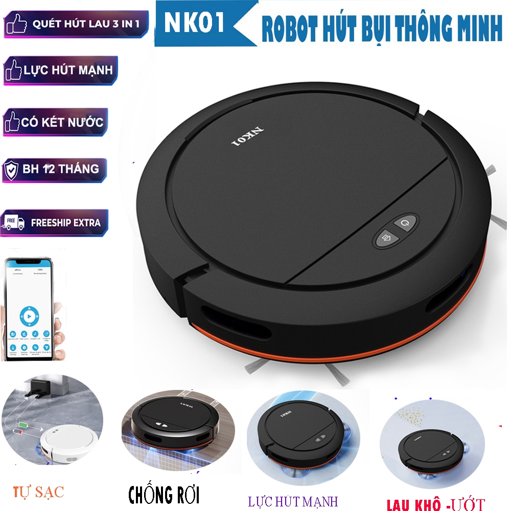 Robot Hút Bụi, Máy Hút Bụi Lau Nhà NK01 - Lực Hút Mạnh , Có Hộp Nước, App Điều Khiển, Chống Rơi.Điều Khiển Giong Nói!!!!