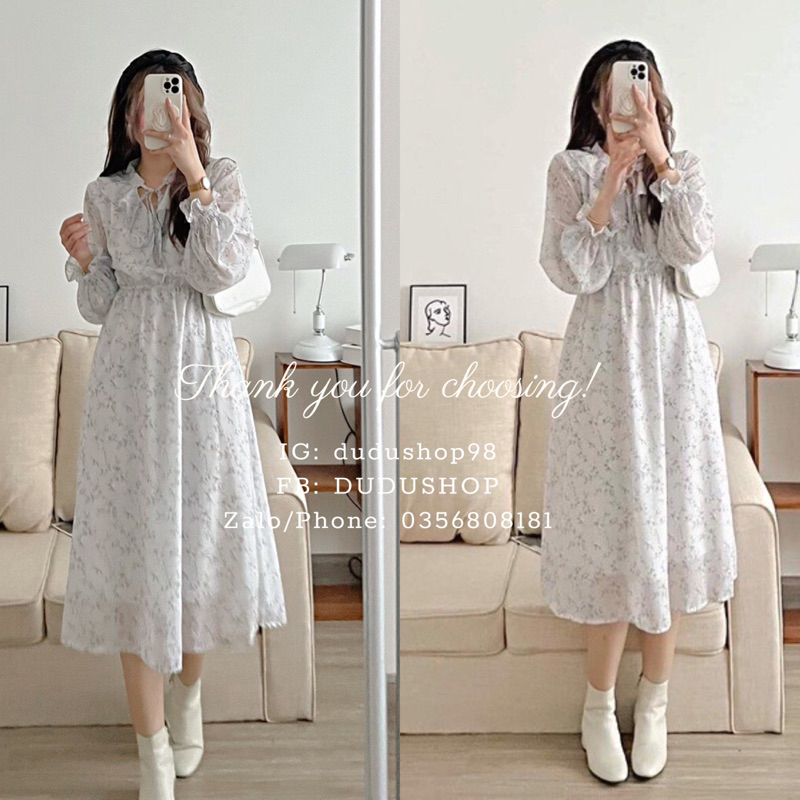 Váy Hoa Nhí Dáng Dài Màu Xám Phong Cách Tiểu Thư Thanh Lịch, Váy/ Đầm Babydoll Xinh Xắn-dd41