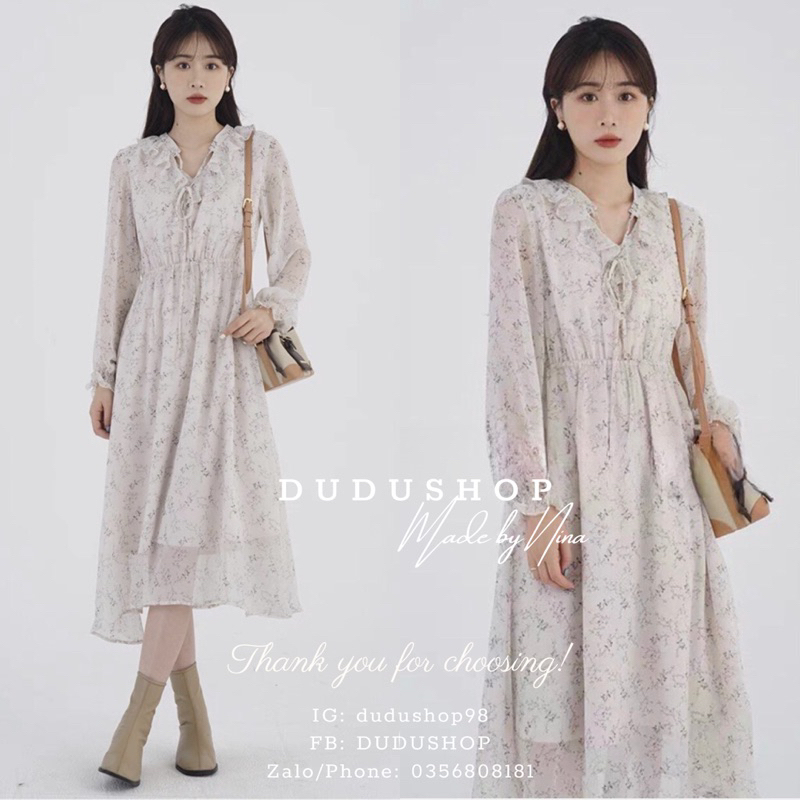 Váy Hoa Nhí Dáng Dài Màu Xám Phong Cách Tiểu Thư Thanh Lịch, Váy/ Đầm Babydoll Xinh Xắn-dd41