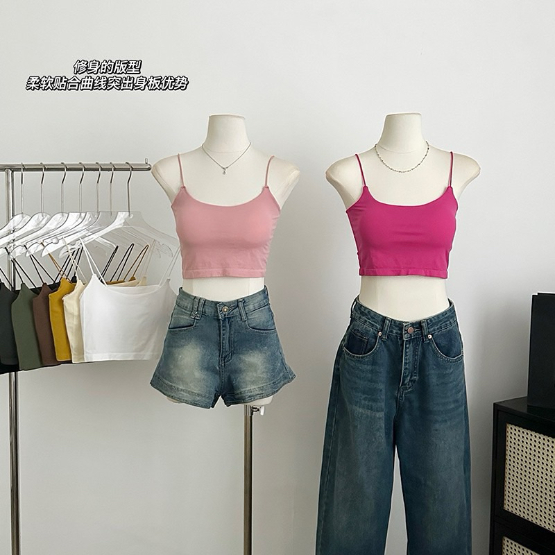 Áo 2 Dây dáng ngắn croptop Sợi Mảnh Khoét Tròn, đệm may liên, Freesize <54kg, V1 dưới 83cm, G237