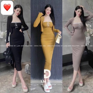Sét đầm ống viền ngực ren đính nơ nhỏ trước dáng dài ôm body kèm áo khoác tay dài cực xinh , chất thun gân dày dặn