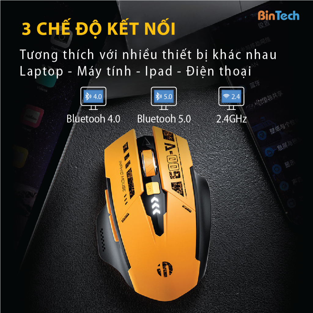 Chuột gaming không dây bluetooth BINTECH Inphic A9, chơi game chuyên nghiệp kết nối Bluetooth, Wireless 2.4G, hiển thị p