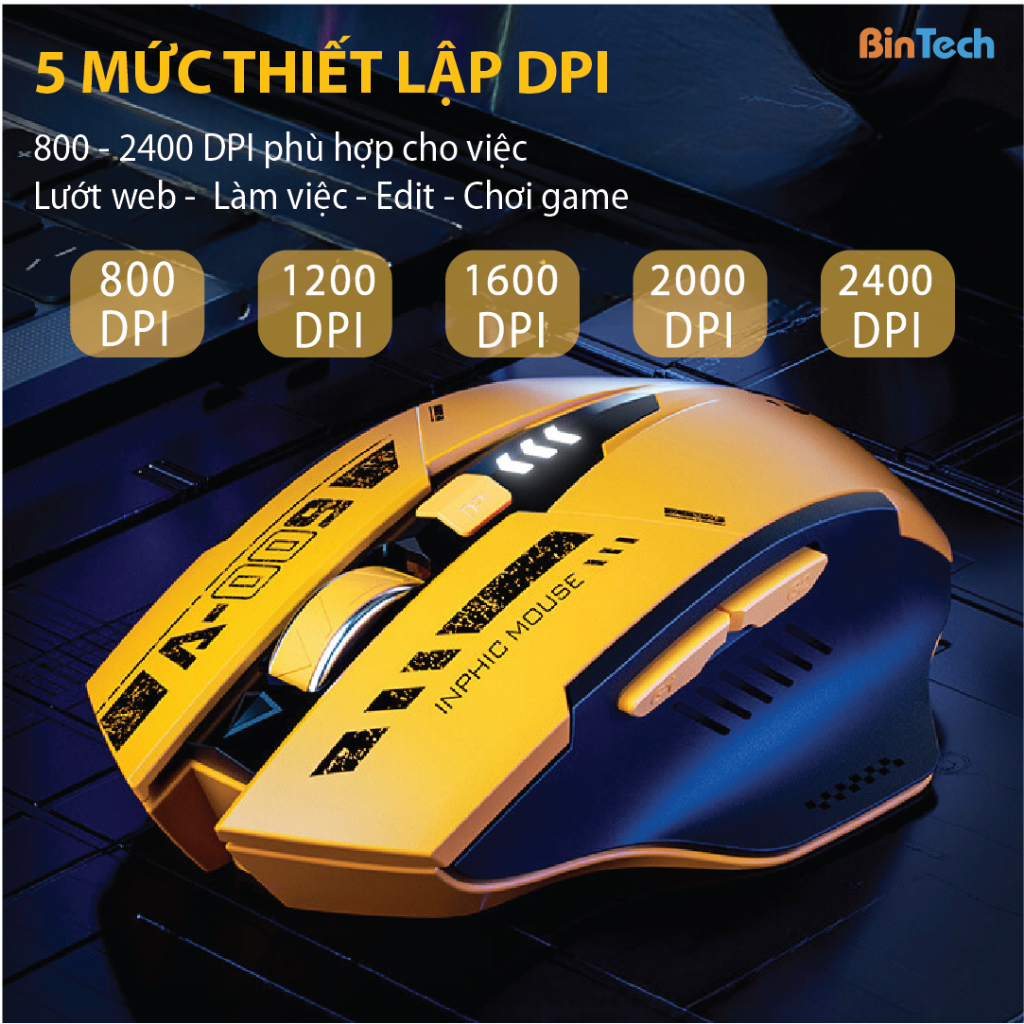 Chuột gaming không dây bluetooth BINTECH Inphic A9, chơi game chuyên nghiệp kết nối Bluetooth, Wireless 2.4G, hiển thị p