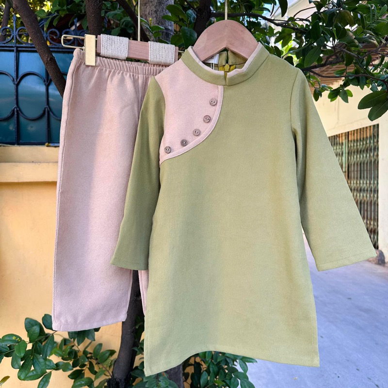 Áo dài bé trai nhung mịn phối nút kèm quần nhung baggy MamLa