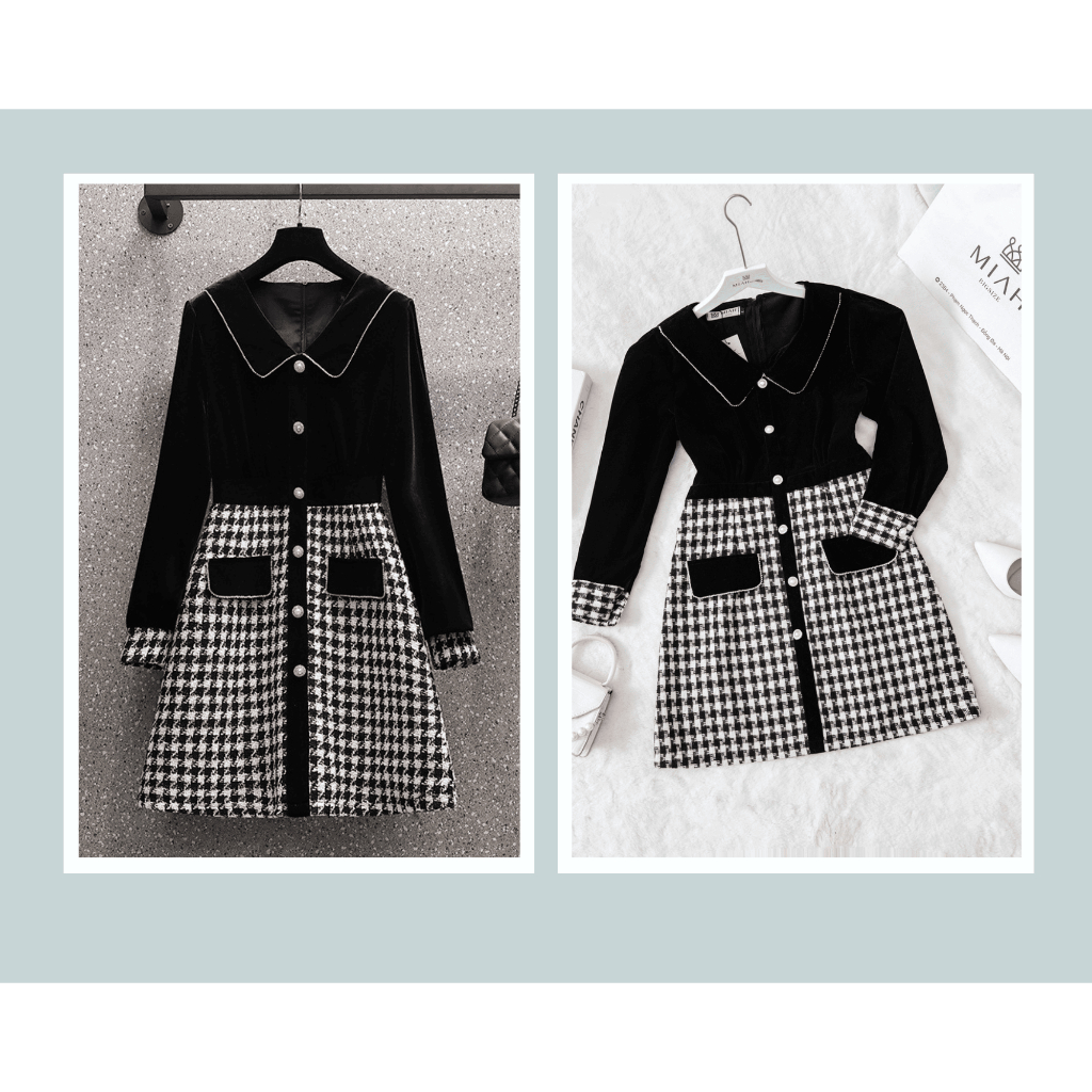 Váy Dạ Nữ Cao Cấp Phối 2 Màu Chân Váy Kẻ Đính Cúc Đá Sang Chảnh🌸 Ôm Dáng Ôm Hông Tôn Chiều Cao🌸