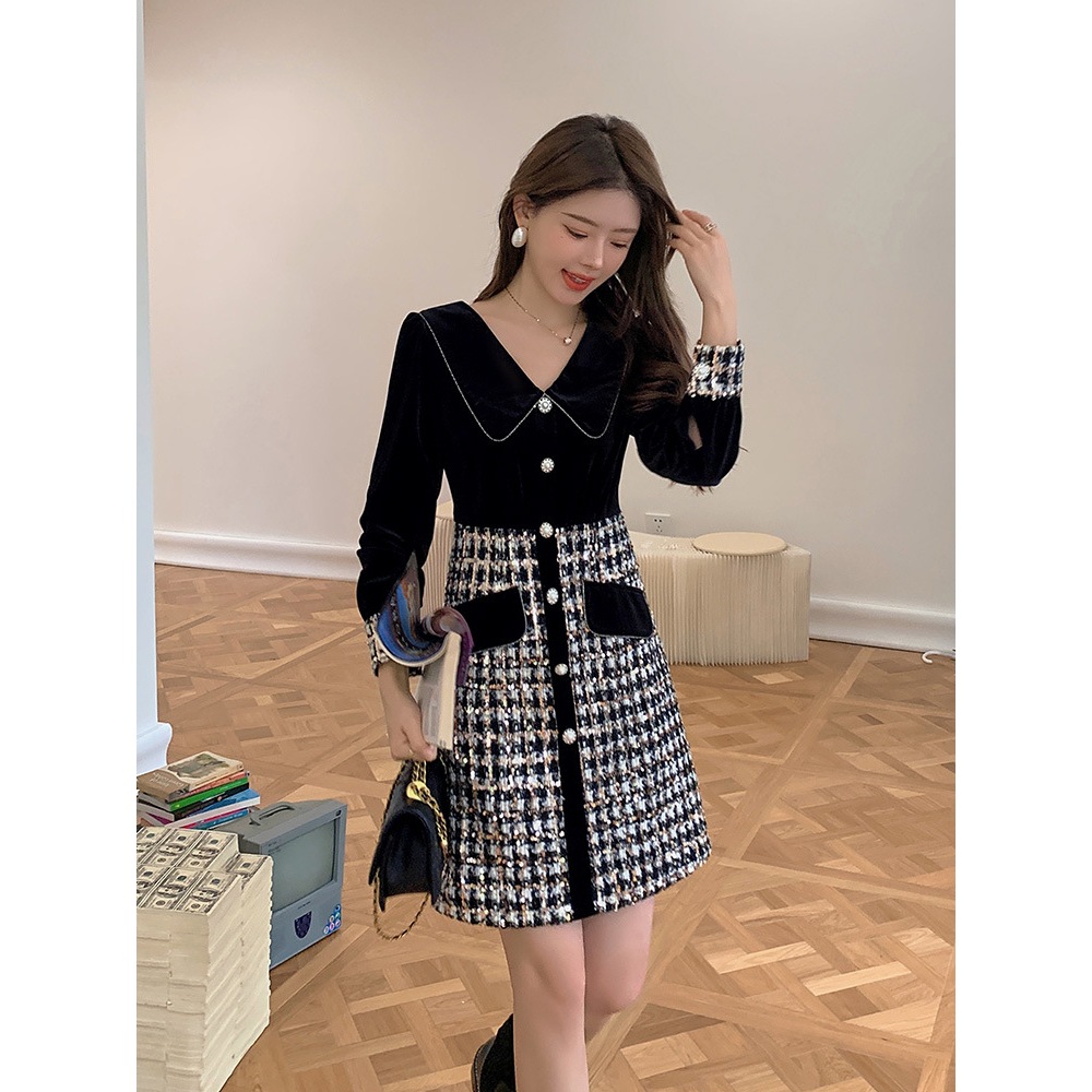 Váy Dạ Nữ Cao Cấp Phối 2 Màu Chân Váy Kẻ Đính Cúc Đá Sang Chảnh🌸 Ôm Dáng Ôm Hông Tôn Chiều Cao🌸