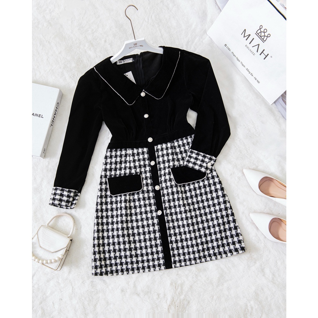 Váy Dạ Nữ Cao Cấp Phối 2 Màu Chân Váy Kẻ Đính Cúc Đá Sang Chảnh🌸 Ôm Dáng Ôm Hông Tôn Chiều Cao🌸