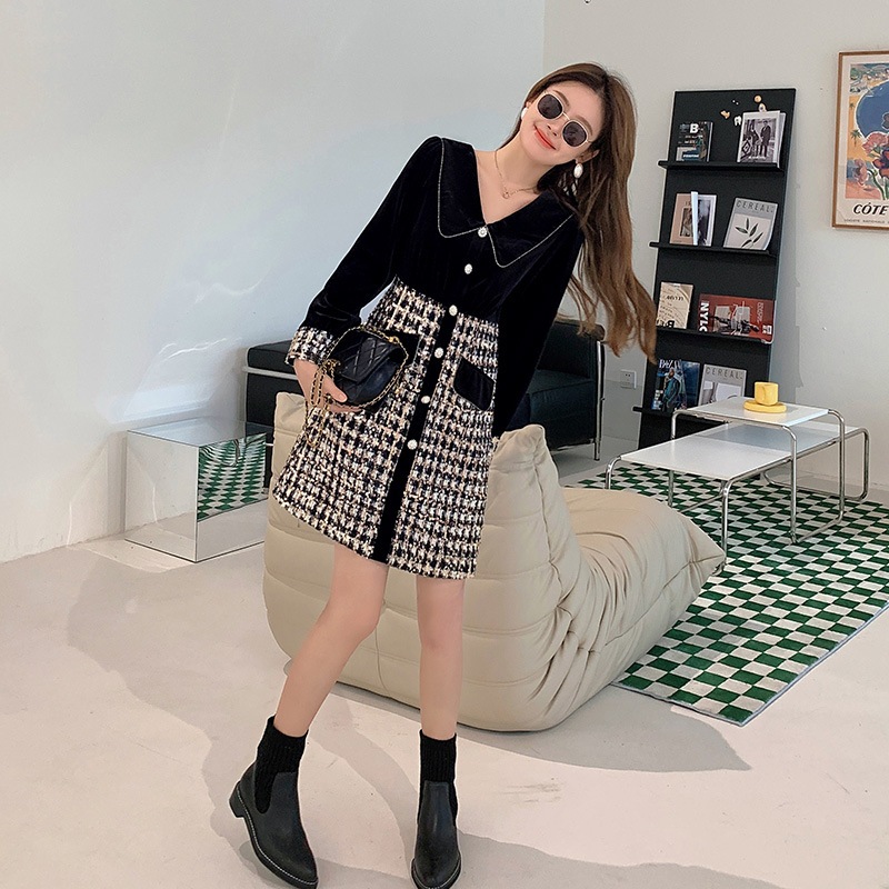 Váy Dạ Nữ Cao Cấp Phối 2 Màu Chân Váy Kẻ Đính Cúc Đá Sang Chảnh🌸 Ôm Dáng Ôm Hông Tôn Chiều Cao🌸