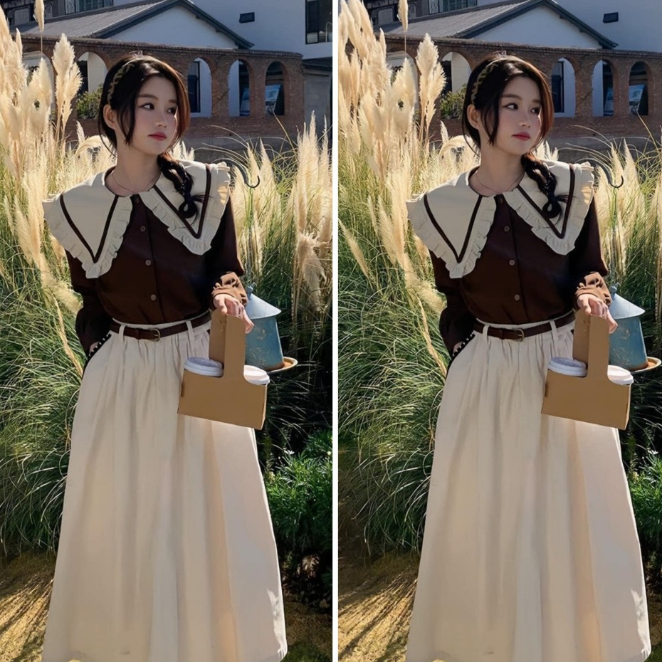 Set siêu phẩm áo cổ thủy thủ bèo tay dài chạy viền mix chân váy xếp ly kèm nịt tone màu be nâu mùa thu sang chảnh xinh