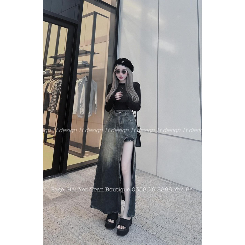 Chân váy Jeans Dài Xẻ Trước Hàng QC Loại 1
