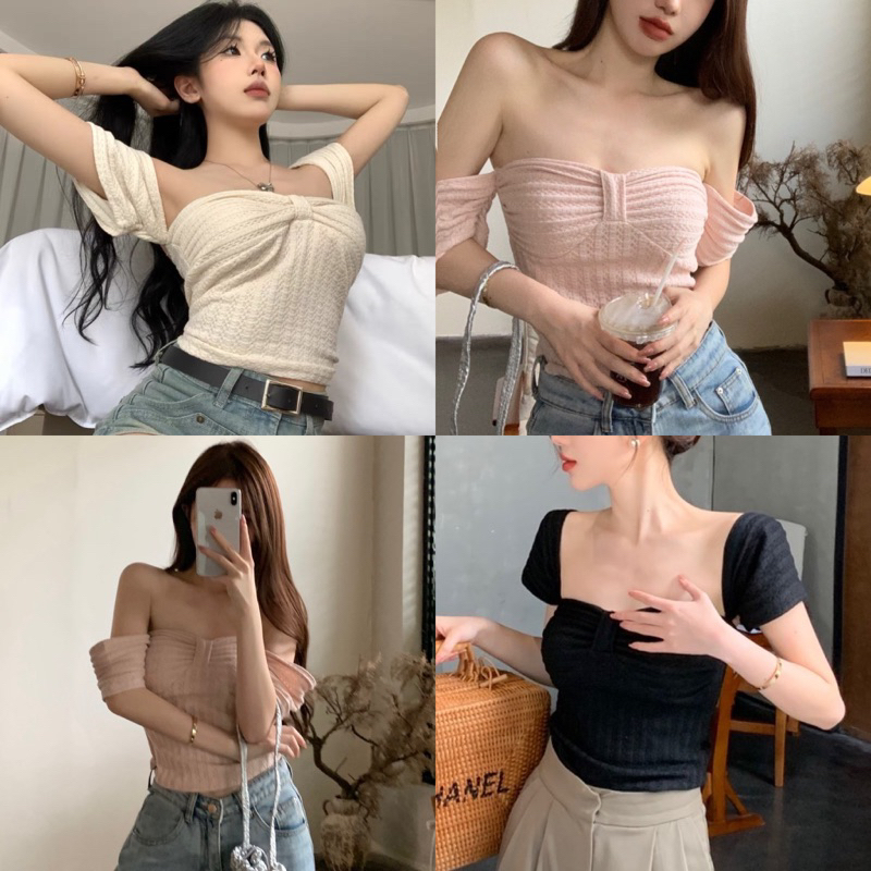 Set áo gân xốp nơ ngực cổ vuông kèm chân váy nhung lì dáng dài