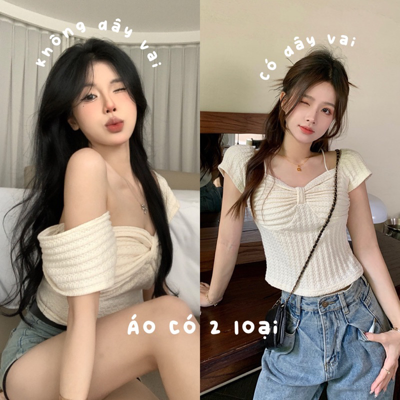 Set áo gân xốp nơ ngực cổ vuông kèm chân váy nhung lì dáng dài