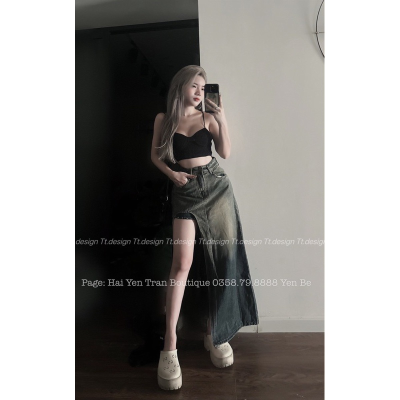 Chân váy Jeans Dài Xẻ Trước Hàng QC Loại 1