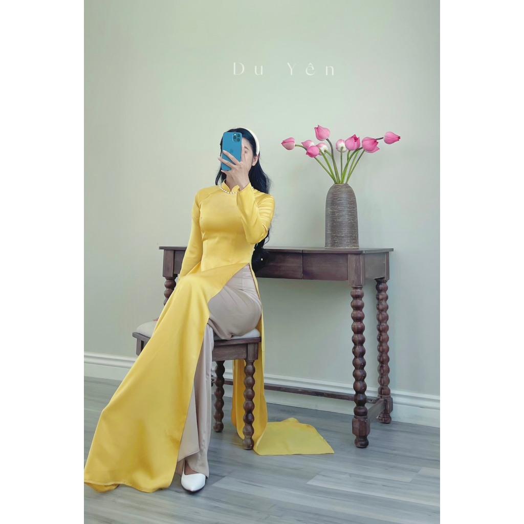 Áo Dài Truyền Thống Lụa Ngọc Trai , Áo Dài Nhã Vàng ( Áo Dài Thiết Kế Du Yên)
