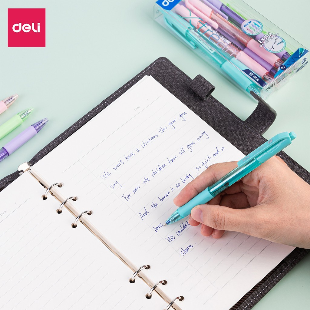 Bút Bi Bấm Mực Xanh Deli Q199 Ngòi 0.7mm Đệm Tay Cao Su