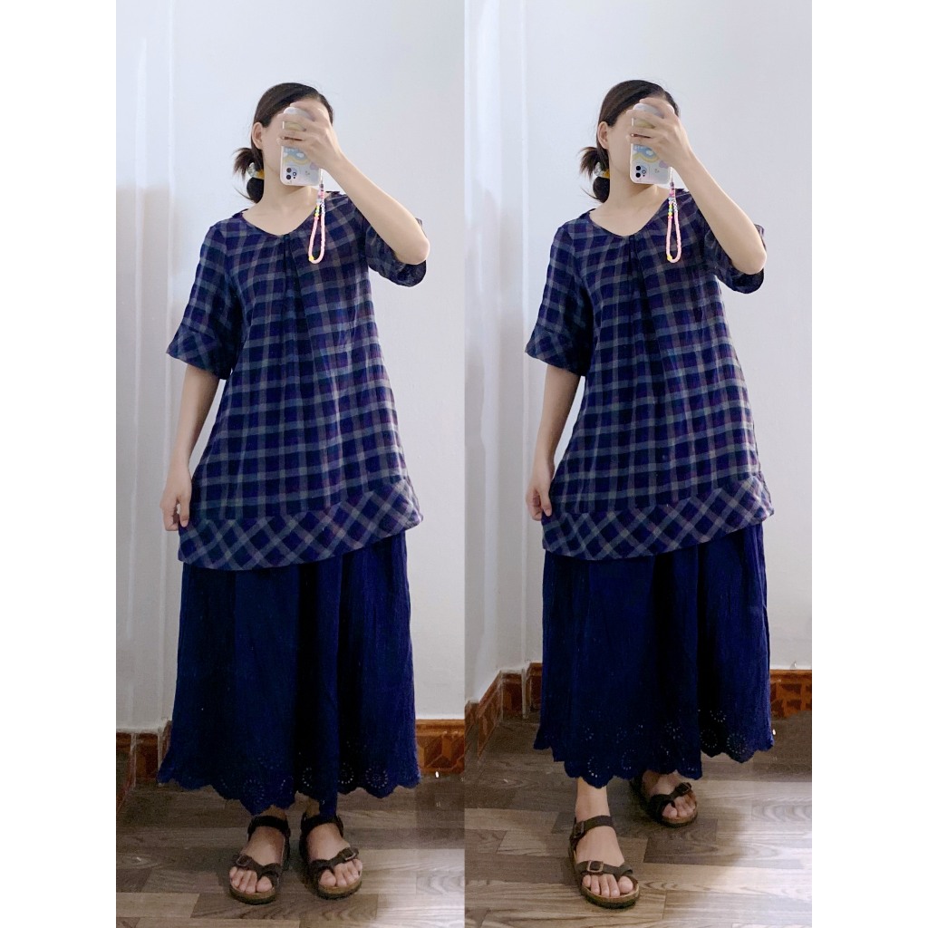 Áo tay ngắn dáng dài kẻ caro xanh tím vintage secondhand